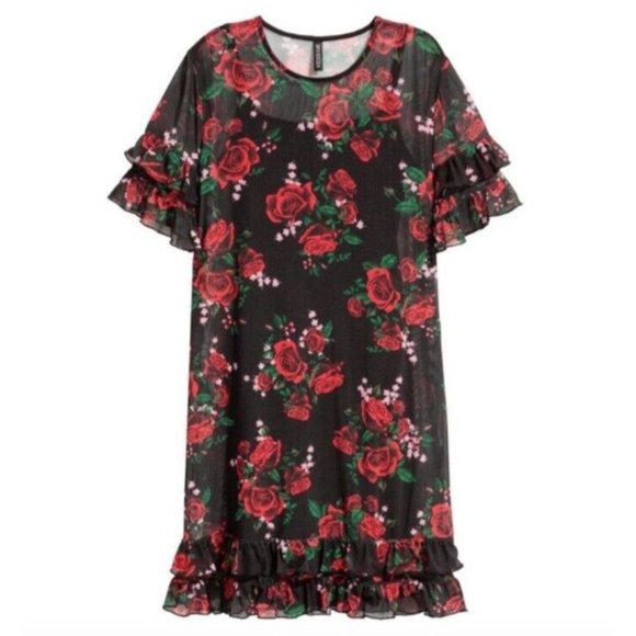 Divided H&M Babydoll Dress 10 Romantic Rose Floral Peplum Ruffle Sheer Coquette - Picture 2 of 7